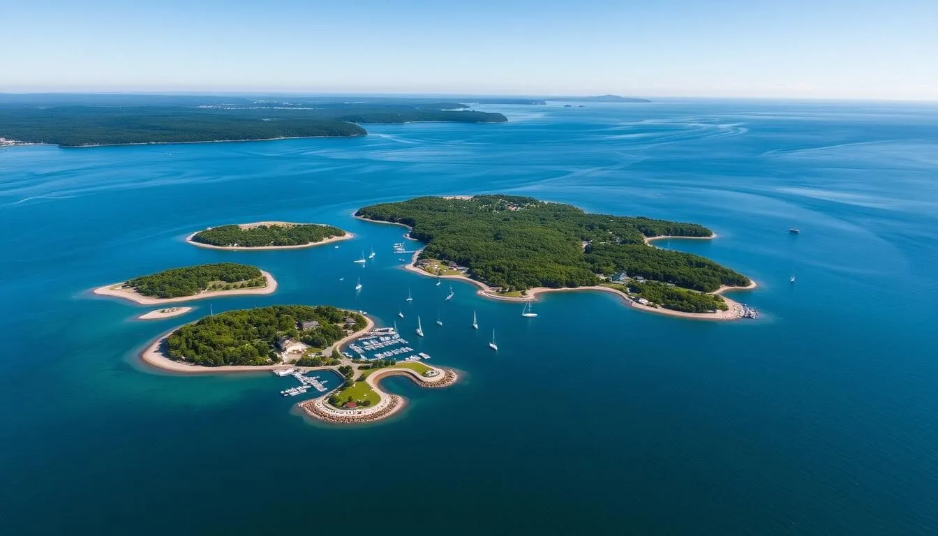 Aerial-view-of-the-Cranberry-Isles-with-Mount-Desert-Island-and-Acadia-National-Park-mountains- Aerial view of the Cranberry Isles with Mount Desert Island and Acadia National Park mountains in the background