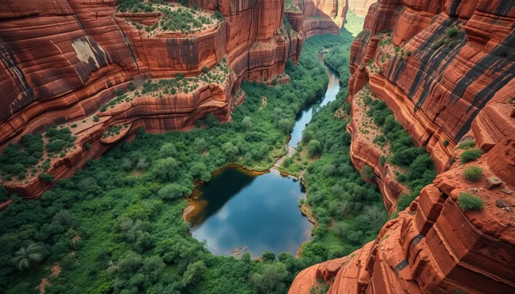 Aerial view of the Garden of Eden waterhole in Kings Canyon surrounded by red rock walls