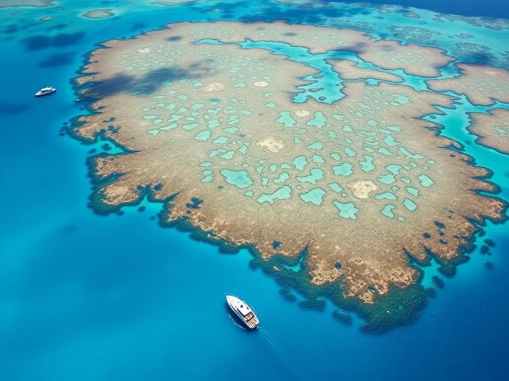 Aerial view of the Great Barrier Reef showing coral formations and turquoise waters Aerial view of the Great Barrier Reef showing coral formations and turquoise waters