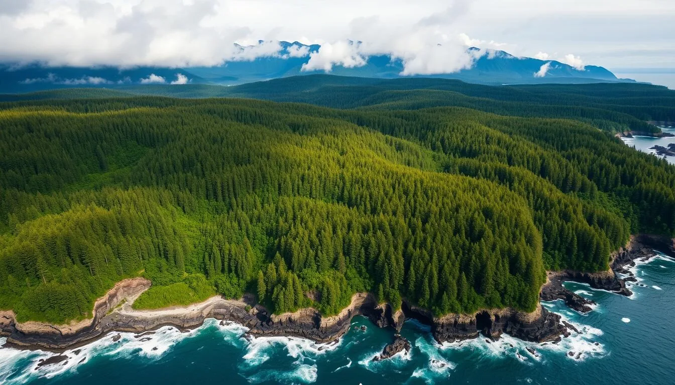 Aerial view of the Great Bear Rainforest showing vast expanses of temperate rainforest meeting the Pacific Ocean coastline