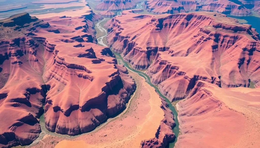 Aerial view of the Macdonnell Ranges showing the rugged landscape and winding gorges