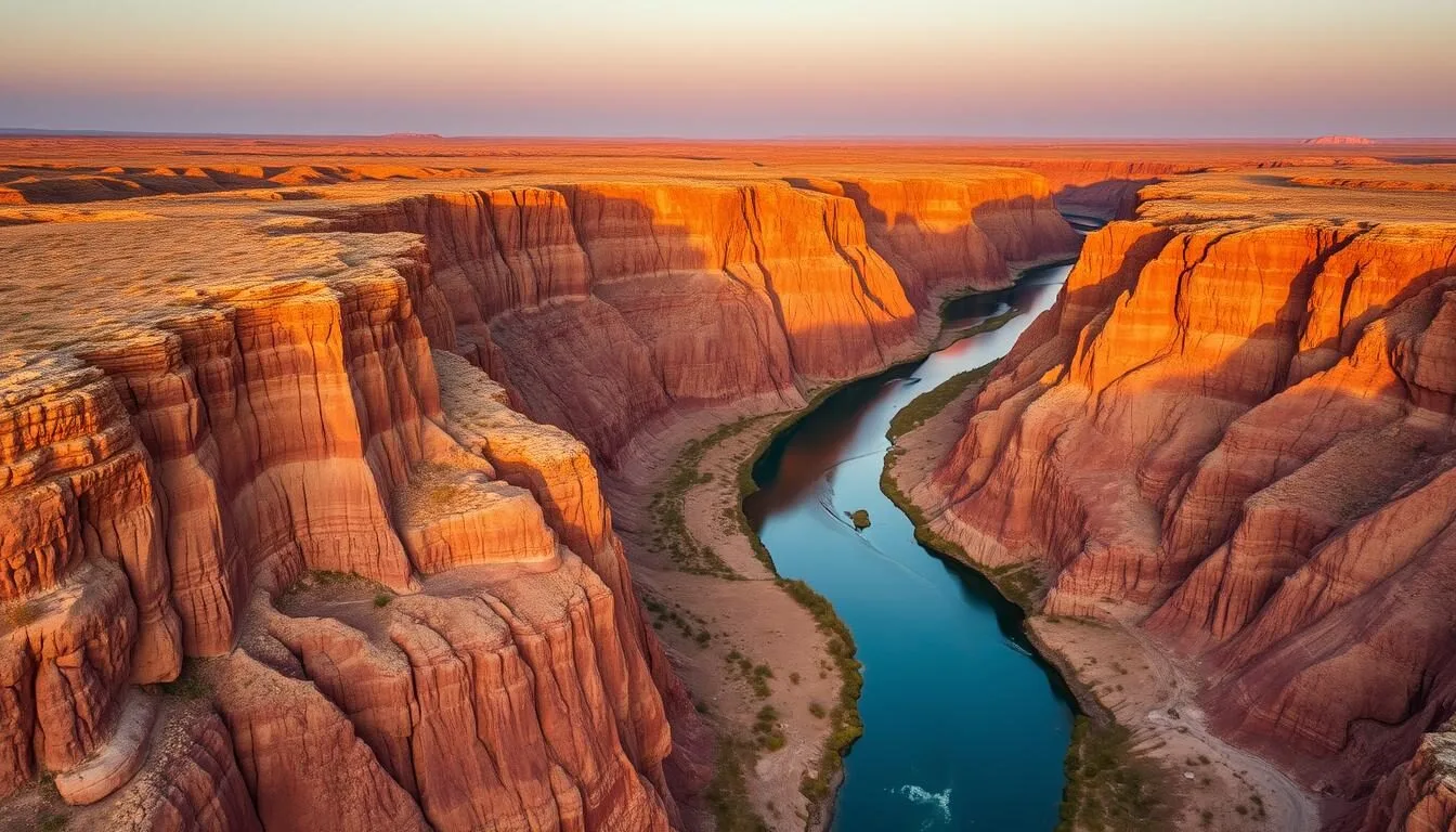 Aerial-view-of-the-Rio-Grande-Wild-and-Scenic-River-winding-through-dramatic-canyon-landscapes- Aerial view of the Rio Grande Wild and Scenic River winding through dramatic canyon landscapes in Texas