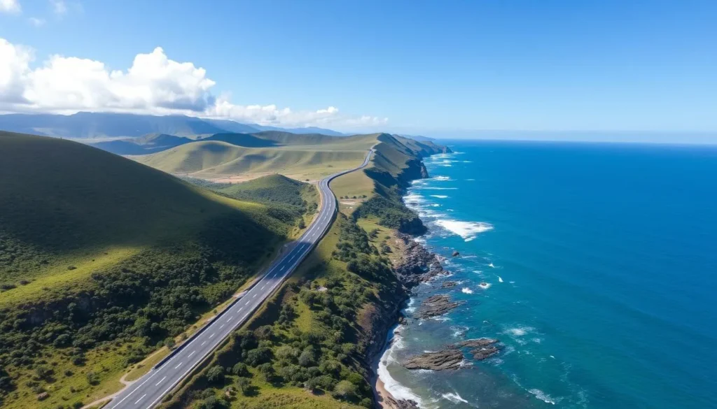 Aerial view of the coastal highway leading to Tonsupa, Ecuador, showing the road winding along the Pacific coastline