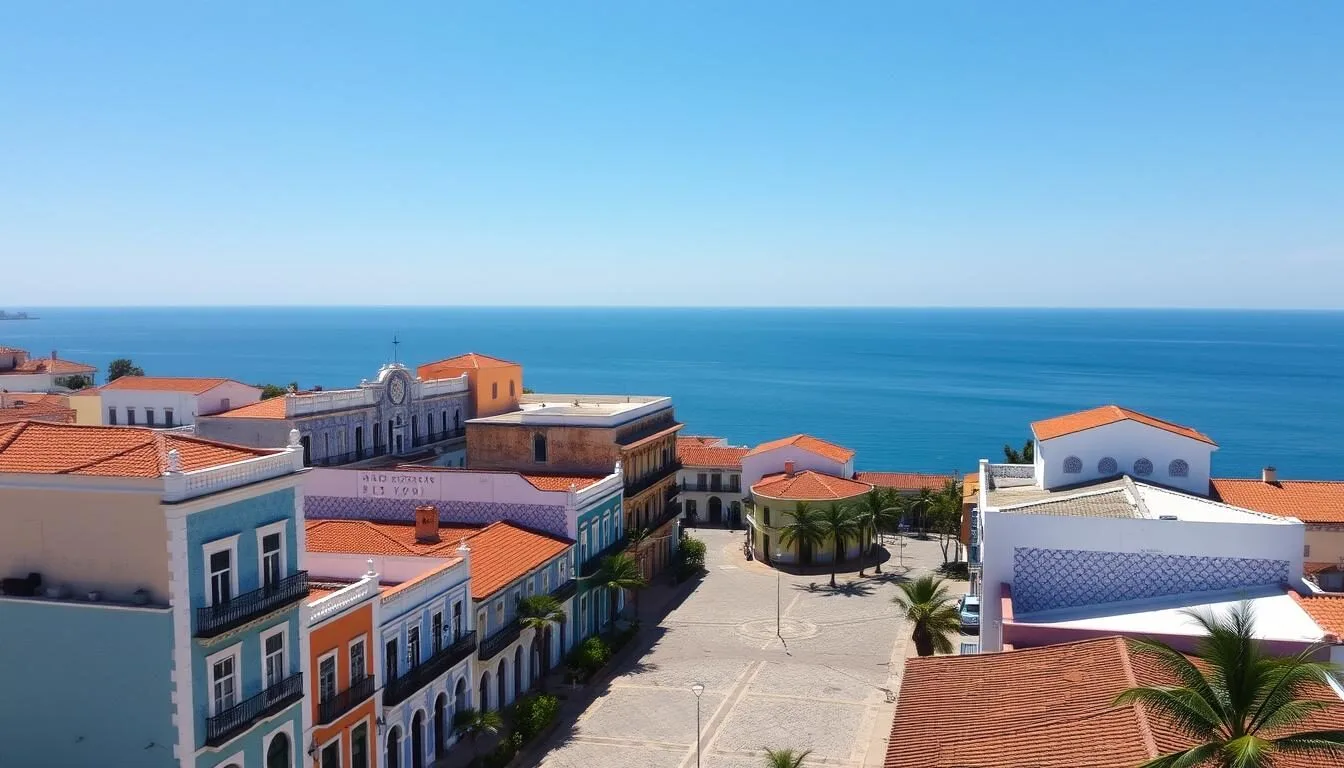 Aerial view of the historic center of Sao Luis Brazil with colorful Portuguese colonial buildings and cobblestone streets