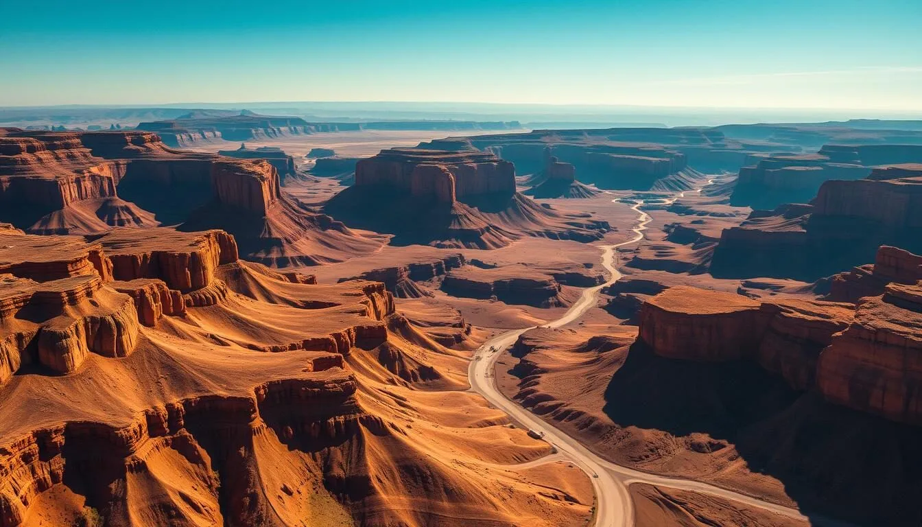 Aerial view of the red rock formations and canyons of Talampaya National Park, Argentina