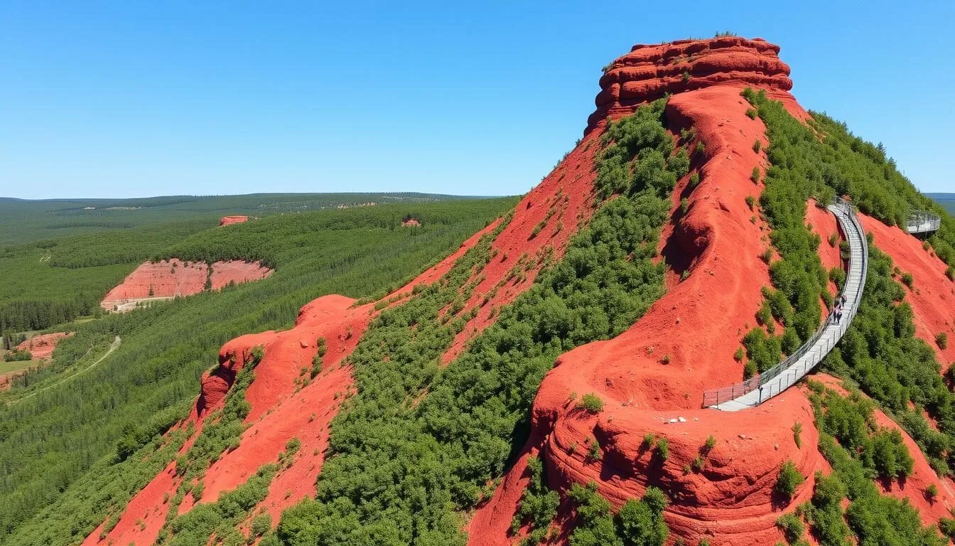 Aerial view of the red rolling hills of Cheltenham Badlands, Ontario showing the distinctive erosion patterns and iron-rich Queenston shale