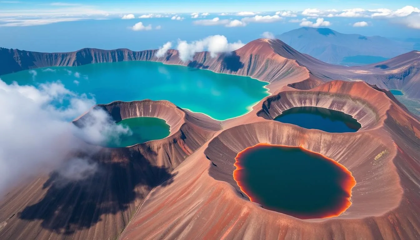 Aerial view of the three colored crater lakes of Mount Kelimutu in Flores, Indonesia showing their vibrant blue, green and red colors against the volcanic landscape