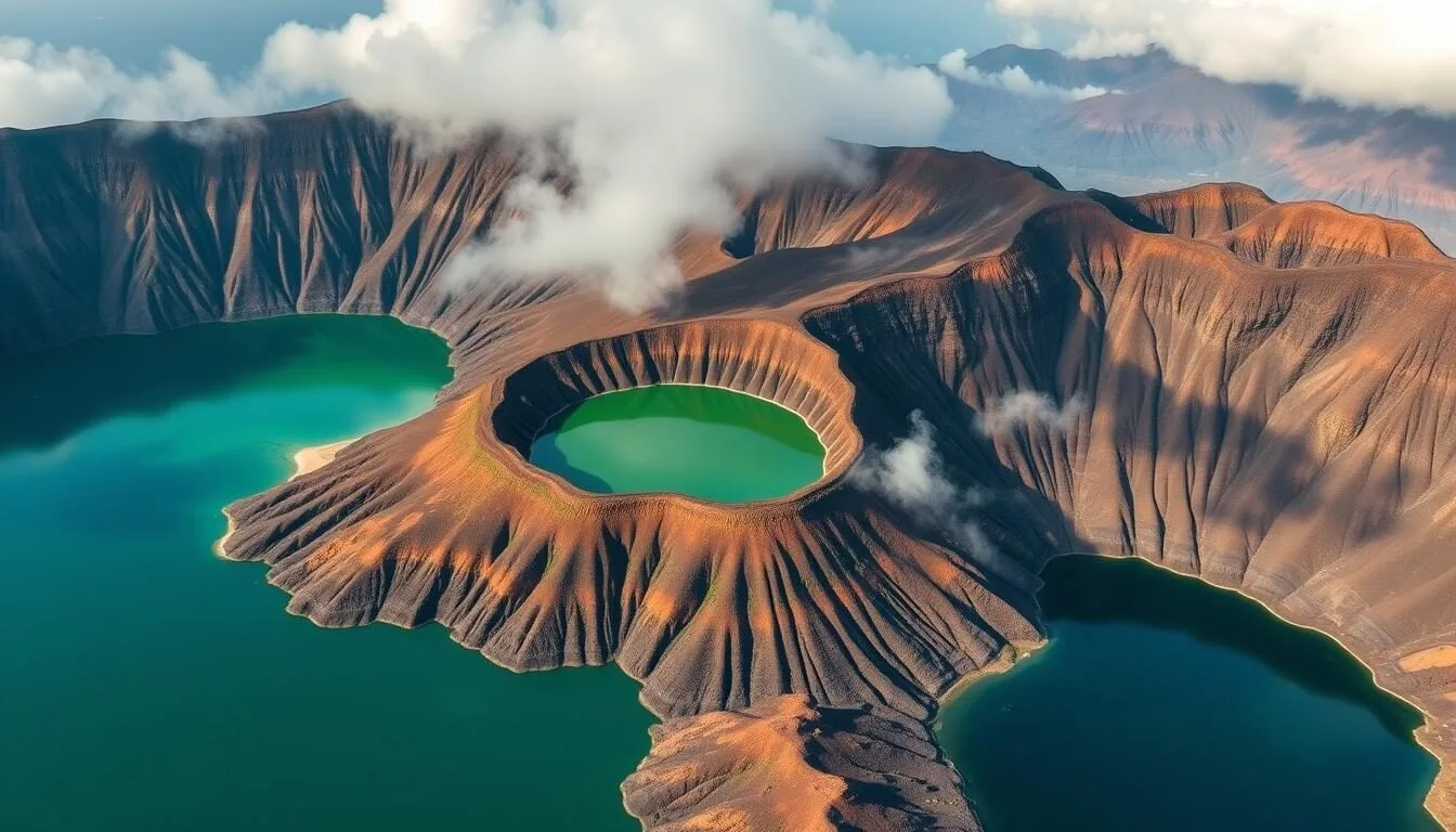 Aerial-view-of-the-three-colorful-crater-lakes-at-Kelimutu-National-Park-Indonesia Aerial view of the three colorful crater lakes at Kelimutu National Park, Indonesia