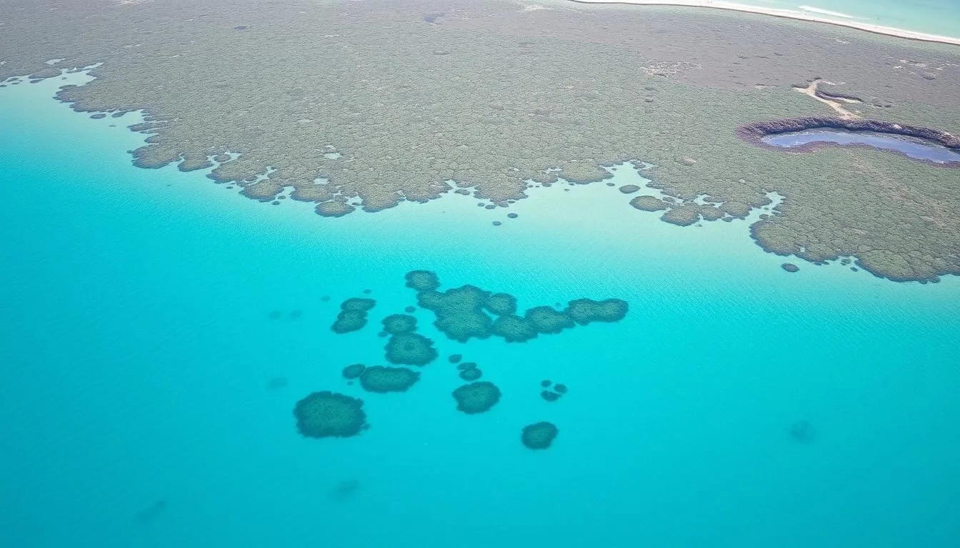 Aerial-view-of-the-turquoise-waters-of-Arrecifes-de-Cozumel-National-Park-showing-coral Aerial view of the turquoise waters of Arrecifes de Cozumel National Park showing coral formations visible through crystal clear water
