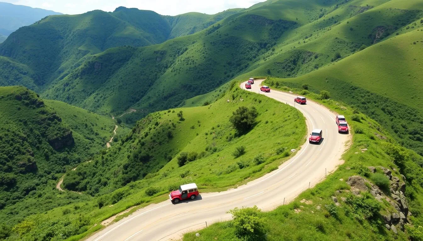 Aerial-view-of-the-winding-road-leading-to-Cocora-Valley-with-colorful-Willys-jeeps-traveling Aerial view of the winding road leading to Cocora Valley with colorful Willys jeeps traveling through lush green mountains