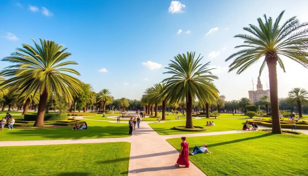 Ahmadi Park during winter season with pleasant weather and visitors enjoying the greenery