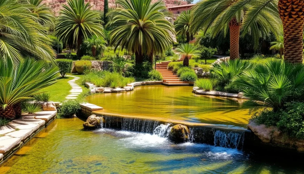 Ain Asserdoun spring and gardens with cascading water in Beni Mellal