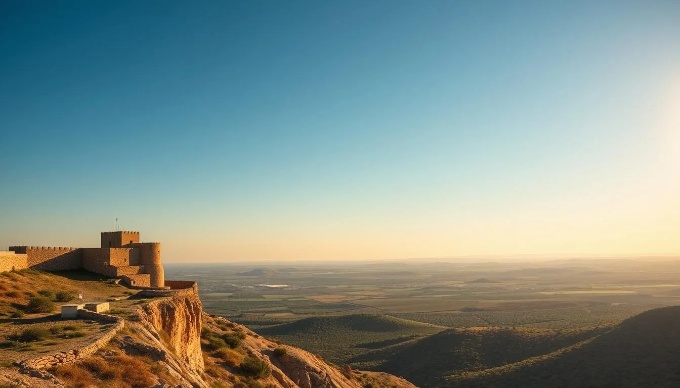 Ajloun-Castle-standing-majestically-on-a-hilltop-in-Ajloun-Jordan-with-green-valleys-below Ajloun Castle standing majestically on a hilltop in Ajloun, Jordan with green valleys below