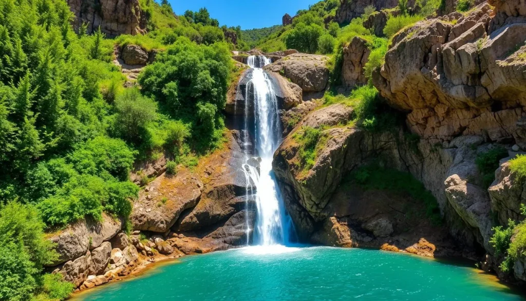 Akchour Waterfalls in Talassemtane National Park with cascading water and lush vegetation