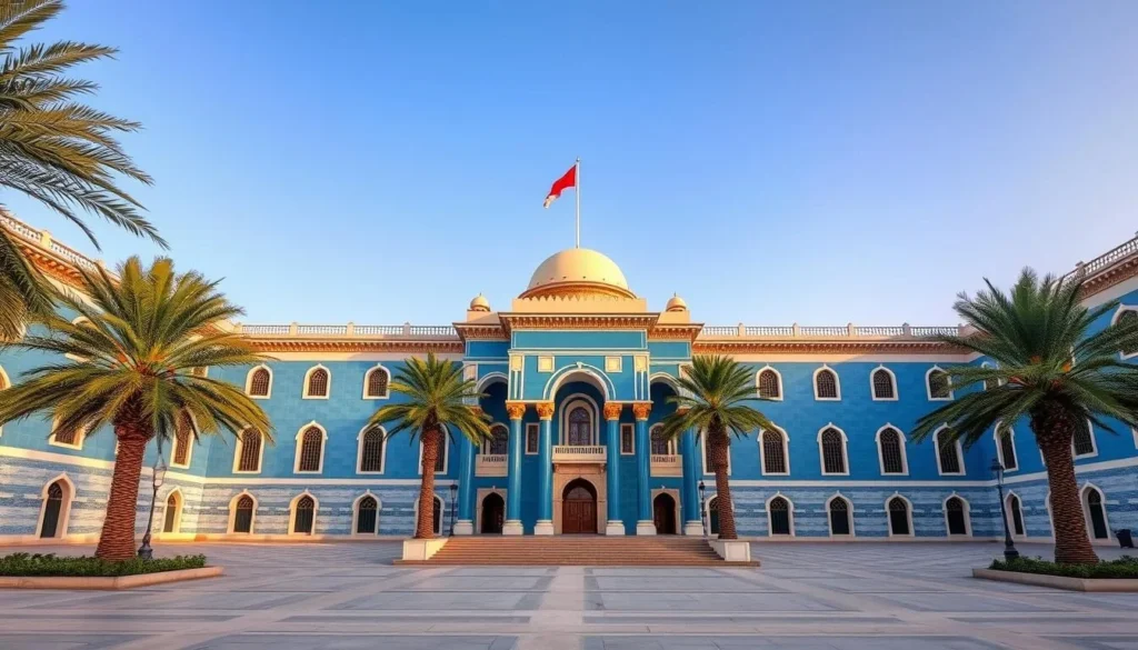 Al Alam Palace in Muscat with its distinctive blue and gold columns Al Alam Palace in Muscat with its distinctive blue and gold columns