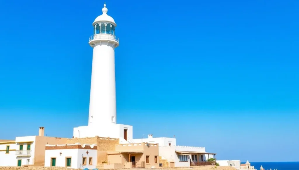 Al Ayjah Lighthouse standing tall against blue sky with views of Sur harbor - Sur Oman things to do