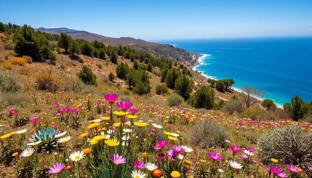 Al Hoceima National Park in spring with wildflowers blooming along coastal trails Al Hoceima National Park in spring with wildflowers blooming along coastal trails