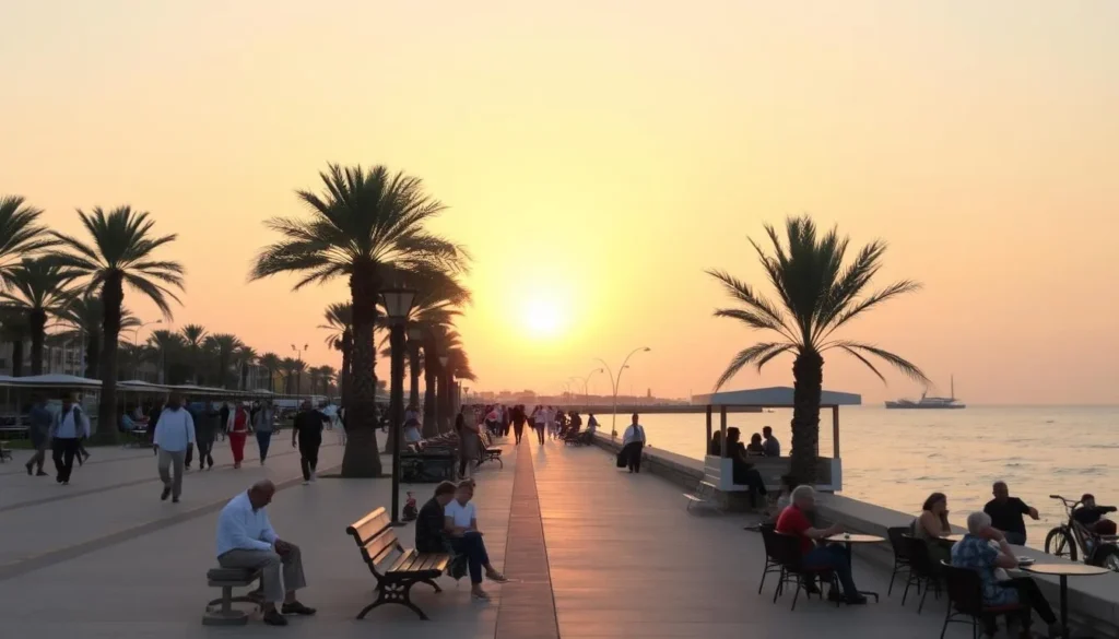 Al Hudaydah Corniche at sunset with families enjoying the Red Sea views