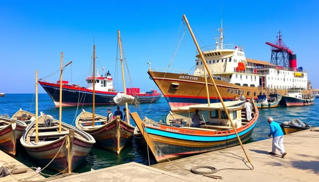 Al Hudaydah port with fishing boats and cargo vessels along the Red Sea coast