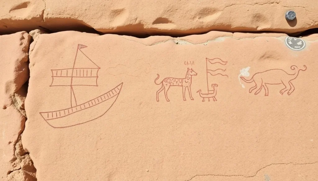 Al Jassassiyeh Rock Carvings showing ancient petroglyphs near Madinat Ash Shamal