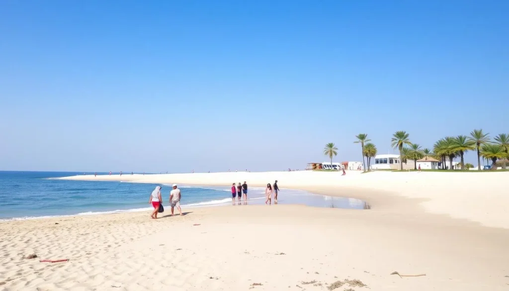 Al-Khaburah beach during winter season with perfect weather and few tourists enjoying the coastline Al-Khaburah beach during winter season with perfect weather and few tourists enjoying the coastline