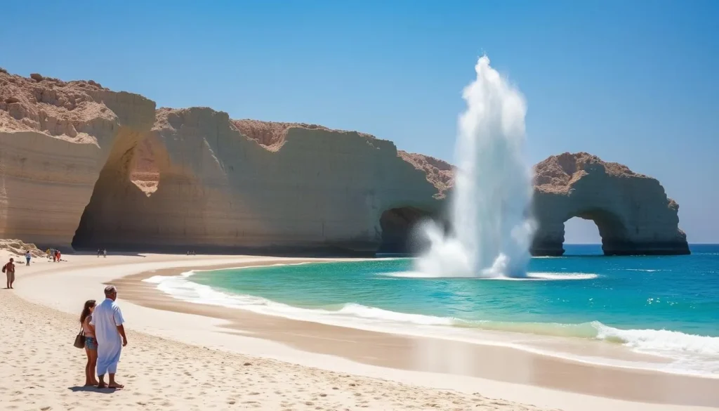 Al Mughsail Beach with limestone cliffs and natural blowholes shooting water