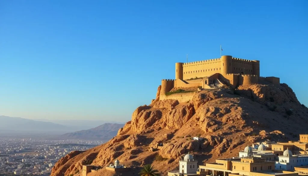 Al-Qahira Castle (Cairo Castle) perched on the mountain overlooking Taiz city