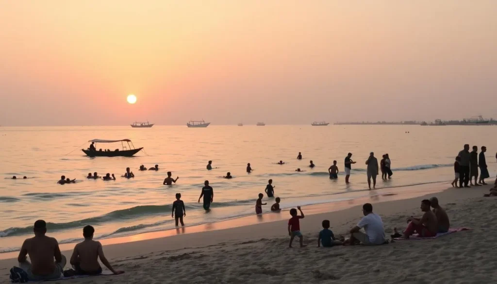Al Ruwais Beach at sunset with families enjoying the peaceful shoreline