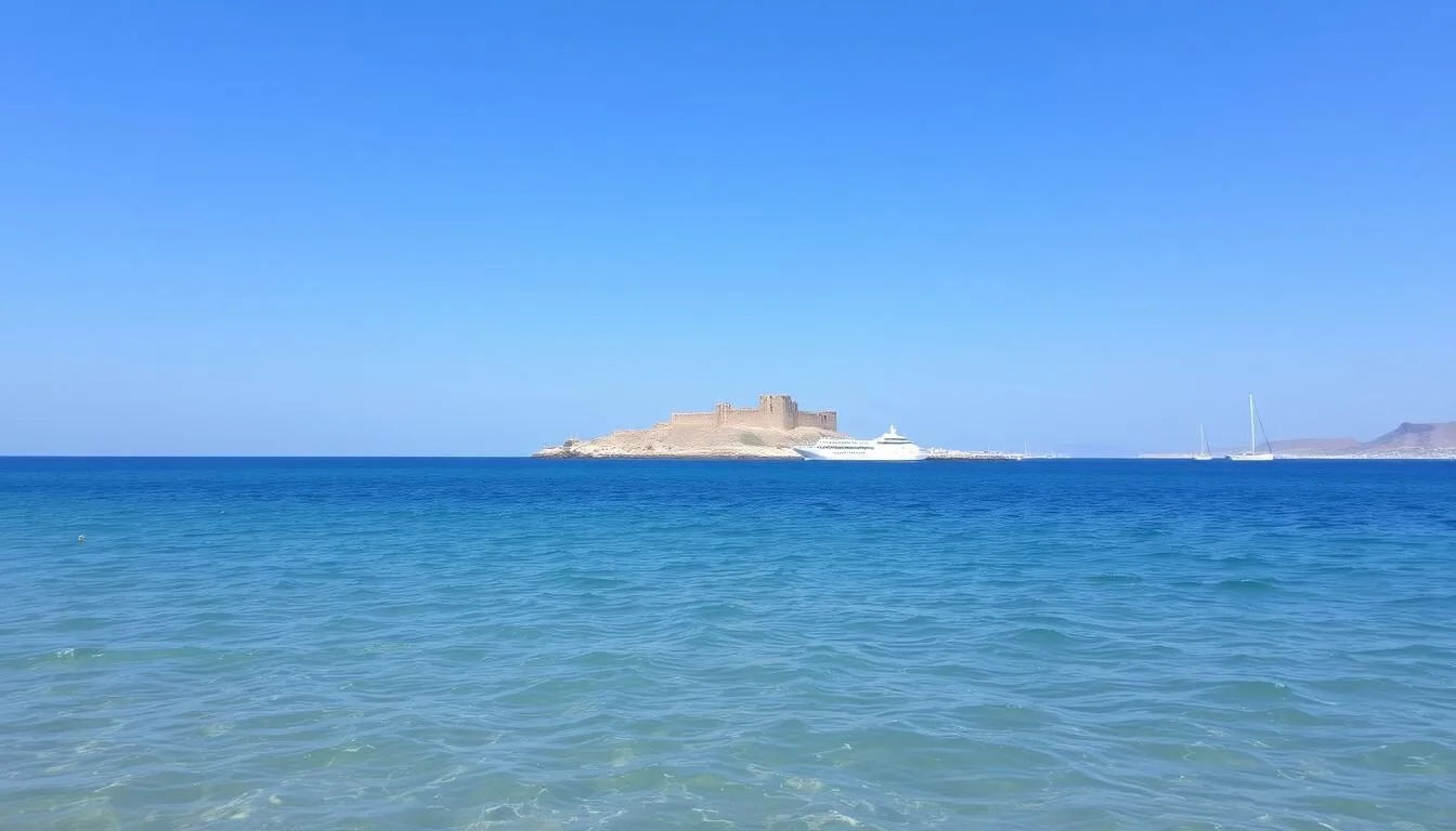 Al Shamal coastline with Al Zubara Fort in the distance on a clear day in Qatar