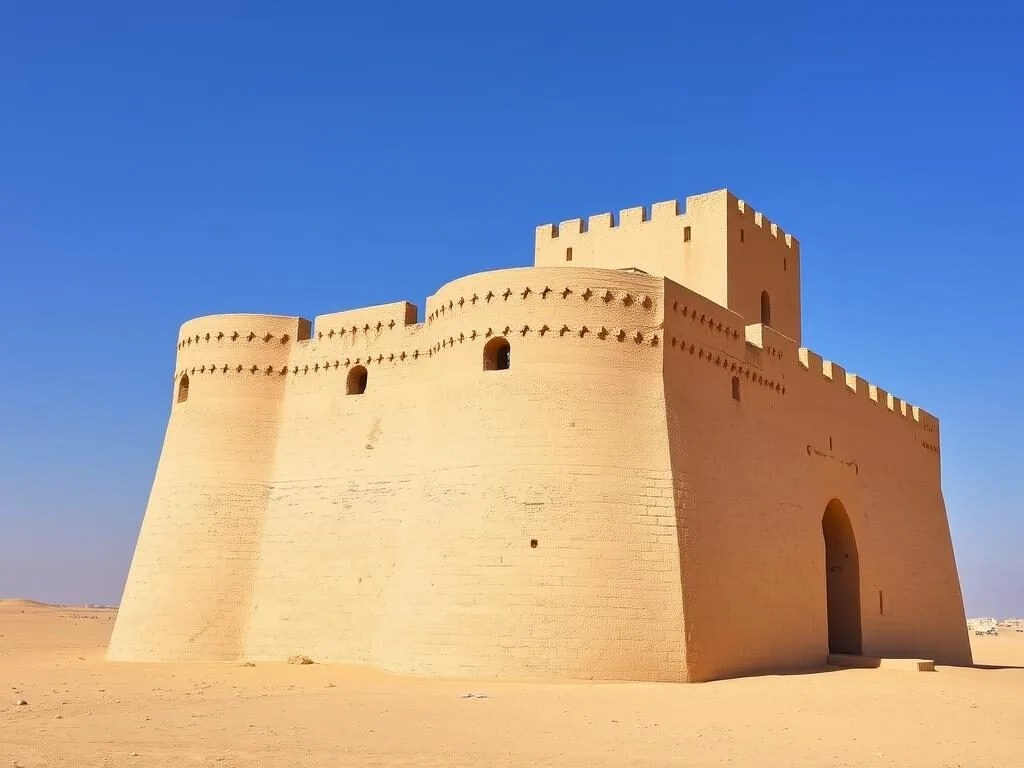 Al Thaqab Fort with its distinctive towers in the desert landscape