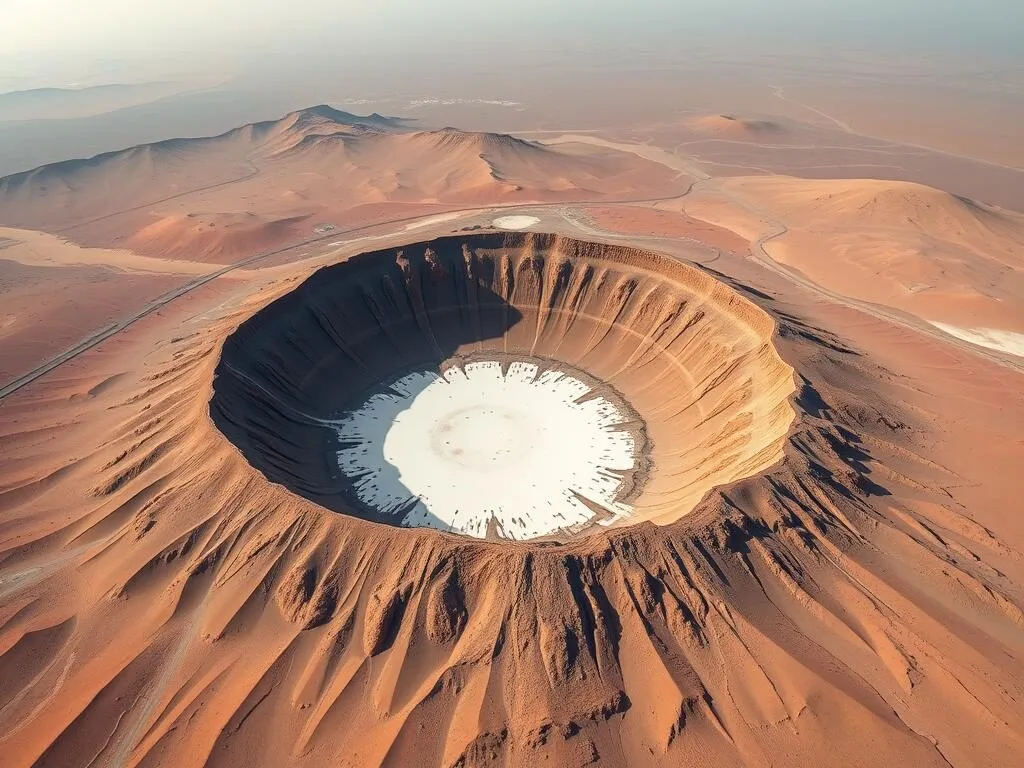 Al Wahbah Crater in Taif showing the massive volcanic formation with white crystal floor