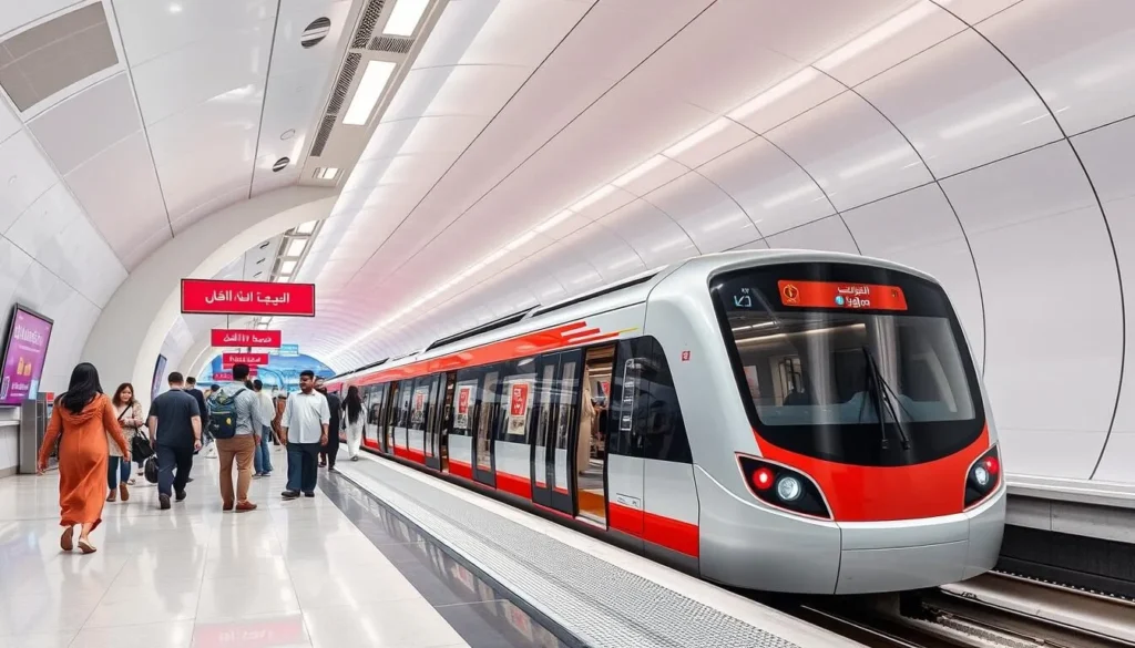 Al Wakrah Metro Station with the modern Doha Metro Red Line train and passengers