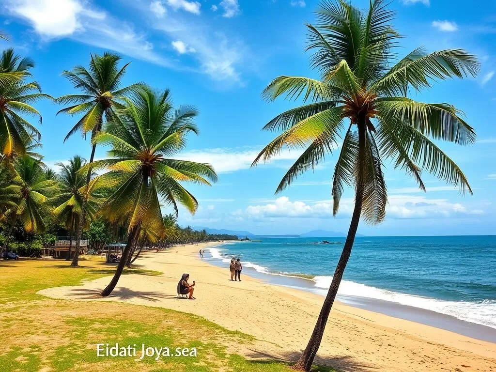Alam Indah Beach in Tegal with palm trees and local visitors enjoying the coastline