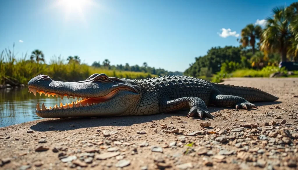 Alligator basking in the sun along a waterway in Collier-Seminole State Park