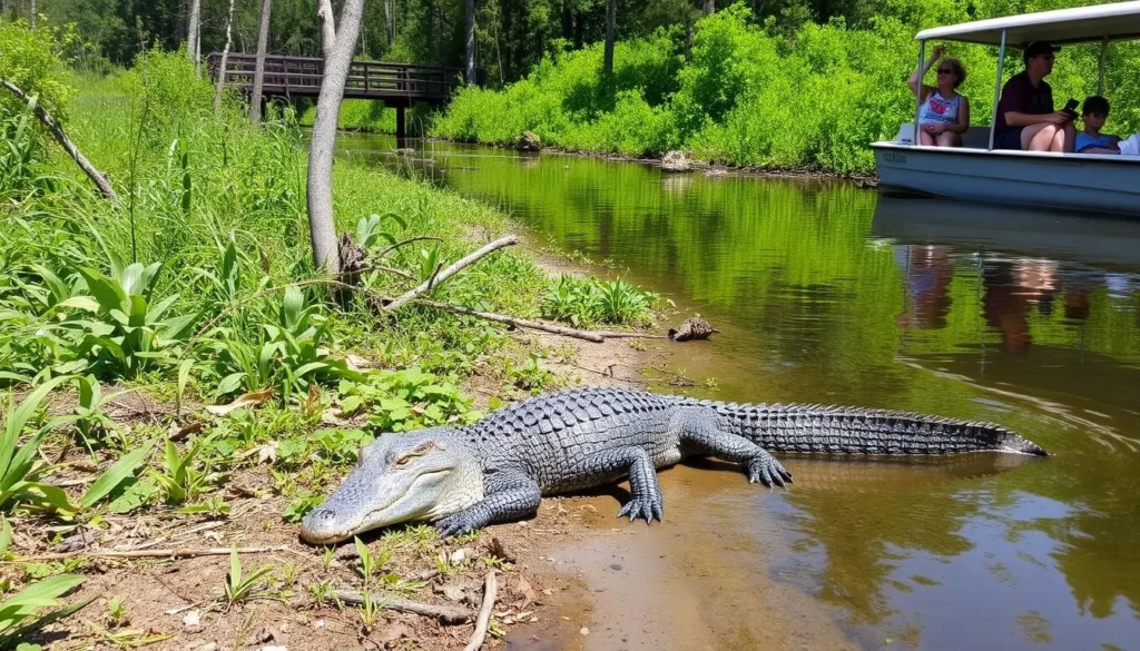 Alligator sunning itself on the bank of Wakulla River with safe viewing distance
