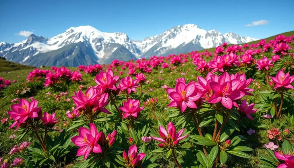 Alpine meadow with blooming rhododendrons in spring in Lunana Range, Bhutan