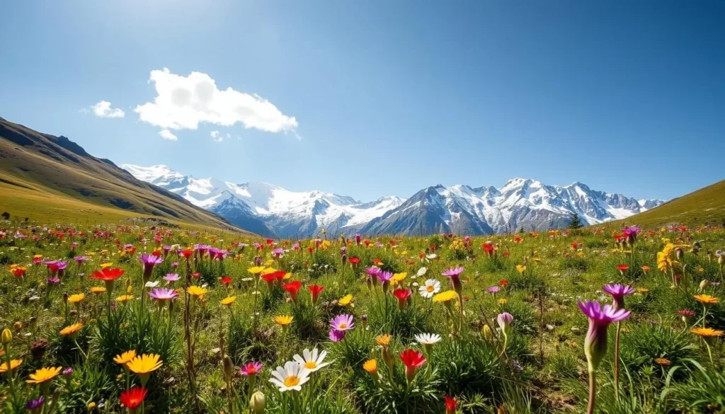 Alpine meadow with wildflowers in Torsa Strict Nature Reserve mountains
