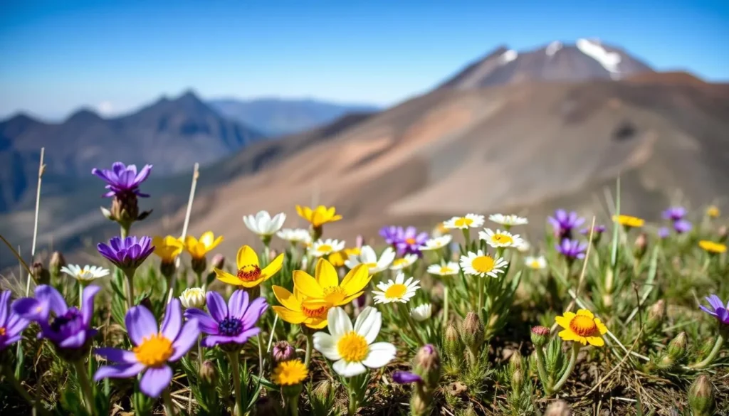 Alpine wildflowers in bloom on the slopes of Iztaccihuatl with volcanic landscape in background