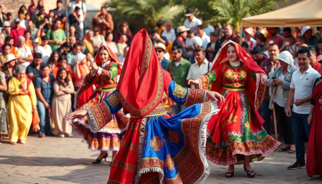 Amazigh festival dancers performing traditional Reggada dance in colorful costumes