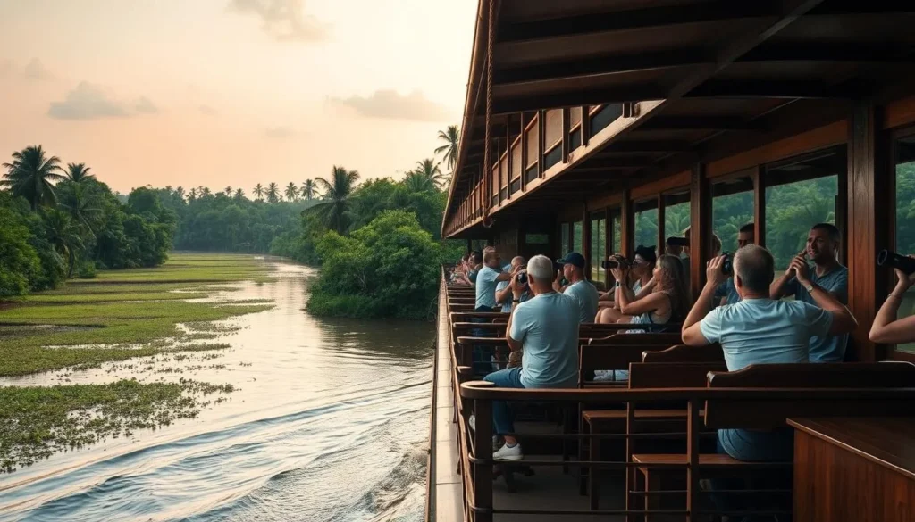 Amazon river cruise boat with tourists on the upper deck viewing the rainforest near Leticia, Colombia Amazon river cruise boat with tourists on the upper deck viewing the rainforest near Leticia, Colombia