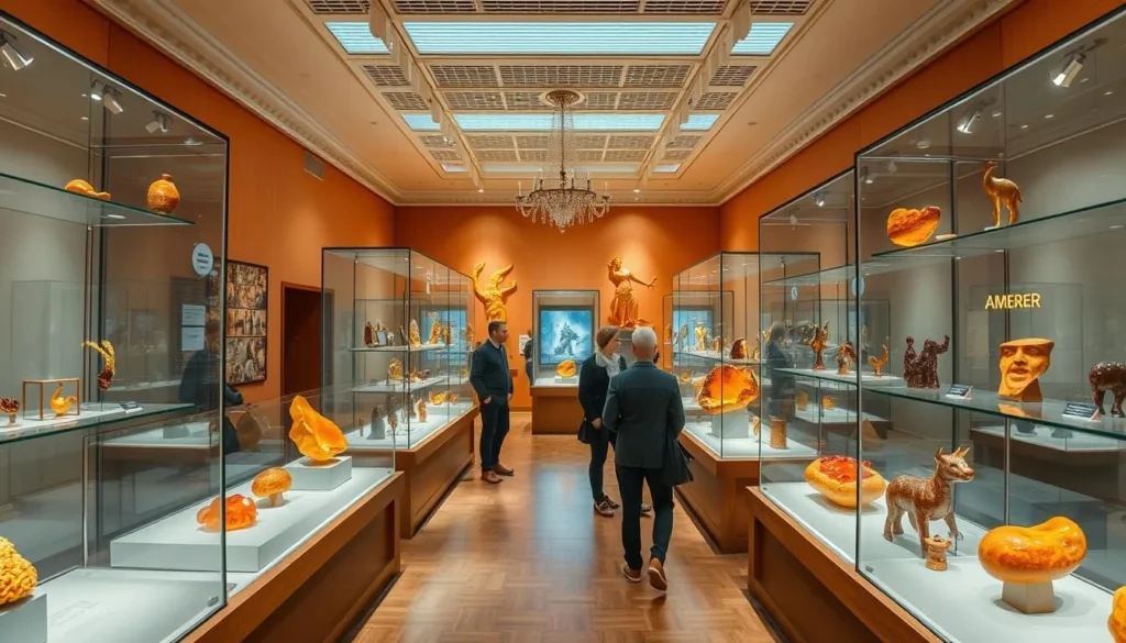 Amber Museum exhibits in Kaliningrad showing amber jewelry and artifacts Amber Museum exhibits in Kaliningrad showing amber jewelry and artifacts