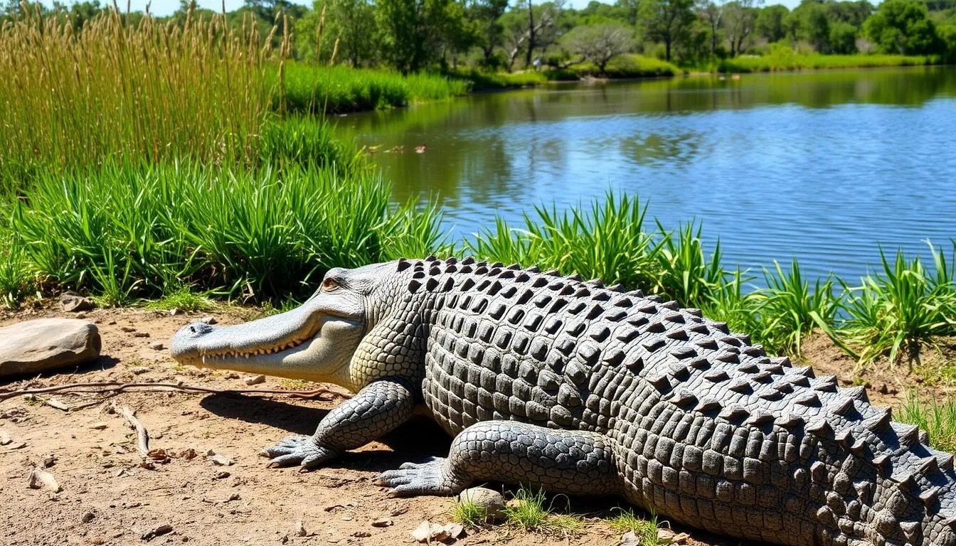 American alligator basking near a trail at Brazos Bend State Park, Texas