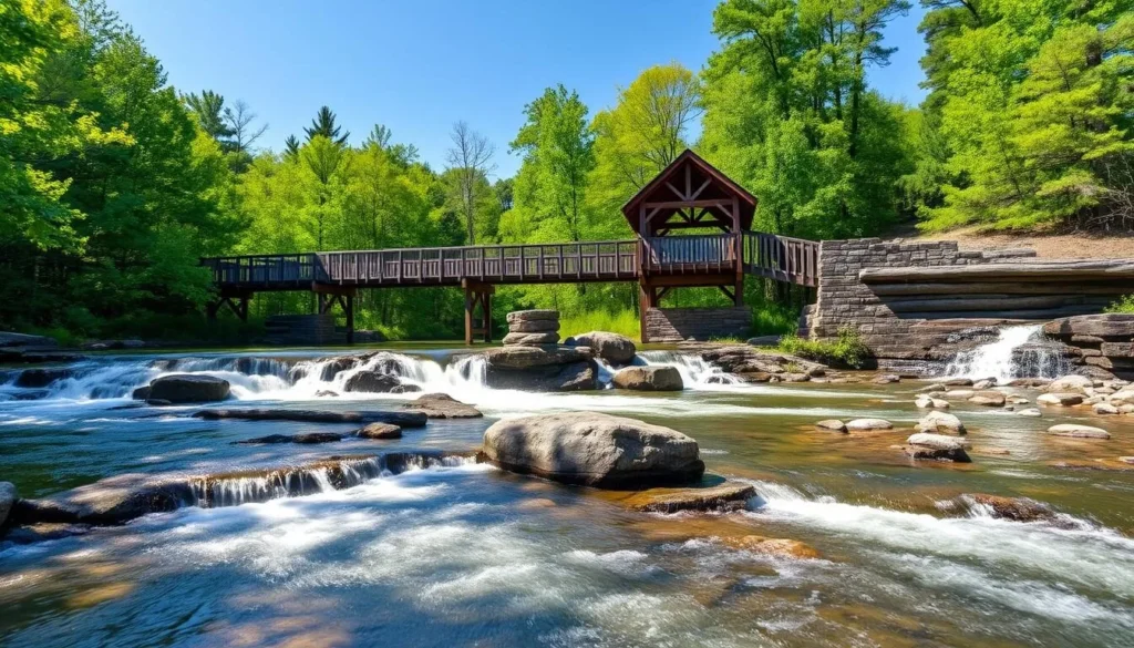 Amnicon Falls State Park near Pattison State Park Wisconsin showing waterfall and covered bridge