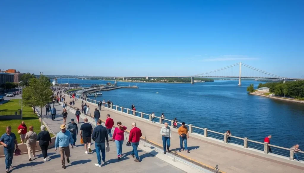 Amur River embankment in Khabarovsk with people walking and the bridge visible Amur River embankment in Khabarovsk with people walking and the bridge visible