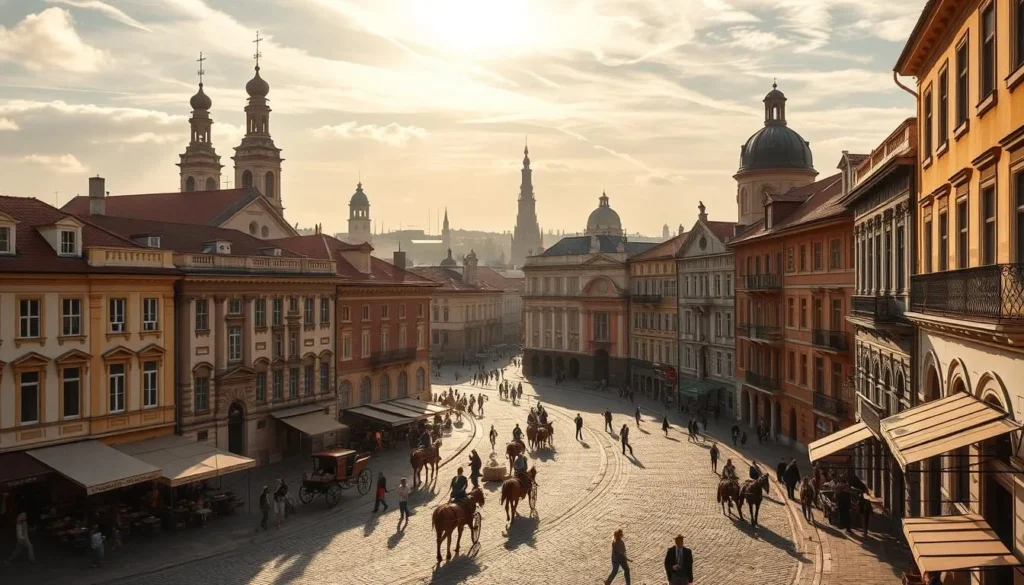 An early 20th century cityscape of Timisoara, Romania, set on a sunny afternoon. Cobblestone streets wind through a historic old town, lined with colorful baroque and neoclassical buildings. Church spires and domes punctuate the skyline, while pedestrians and horse-drawn carriages bring the scene to life. In the foreground, cafes and shops spill onto the sidewalks, creating a lively, vibrant atmosphere. Warm, golden sunlight filters through wispy clouds, casting long shadows and highlighting the city's architectural details. The overall impression is one of a well-preserved, charming Eastern European city, brimming with character and culture.