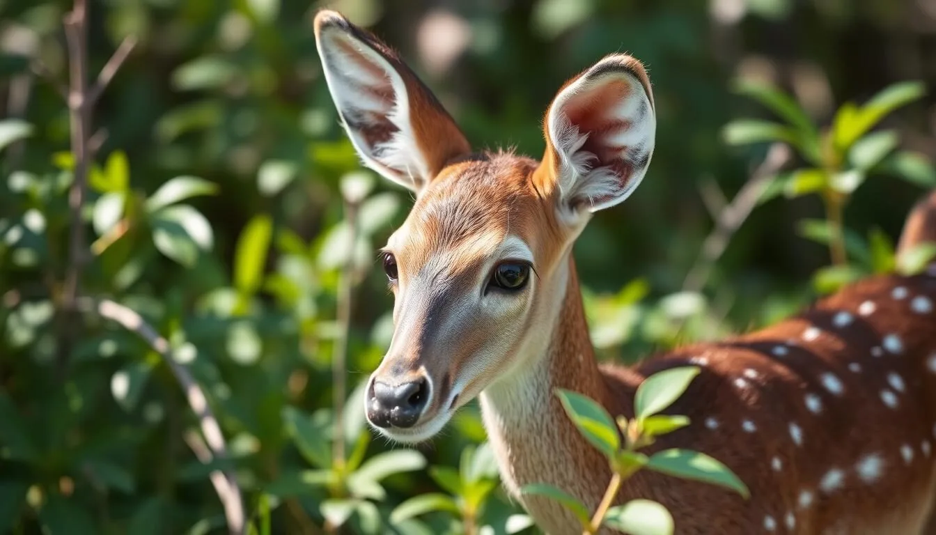 An endangered Key deer standing in natural habitat on Big Pine Key, Florida