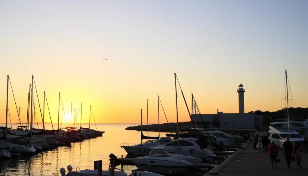 An evening marina in Burgas, Bulgaria, with a glowing lighthouse in the distance. The calm waters reflect the warm hues of the setting sun, casting a golden glow across the scene. Yachts and small boats are moored along the docks, their masts swaying gently in the light breeze. People stroll along the promenade, enjoying the peaceful atmosphere by the sea. The air is filled with the salty scent of the ocean and the sound of seagulls. The lighthouse stands tall, its beacon shining brightly, guiding ships safely into the harbor. A cozy, atmospheric scene that captures the essence of the Burgas marina at dusk.