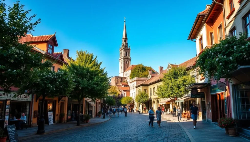 An expansive cobblestone street winds through a charming old town, flanked by quaint 19th-century buildings with vibrant facades and terracotta roofs. Lush trees and blooming flowers line the sidewalks, casting a warm, dappled light across the scene. In the distance, a towering bell tower rises, its steeple piercing the bright blue sky. Shopkeepers and locals stroll leisurely, creating a tranquil, timeless atmosphere. The overall mood is one of serene, idyllic beauty, capturing the essence of Plovdiv's historic heart.
