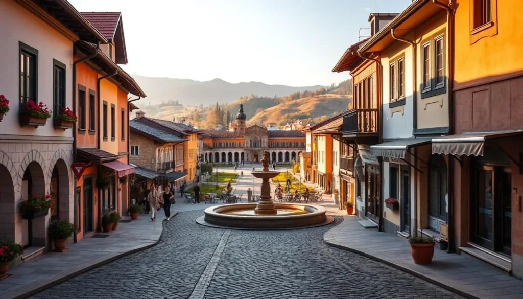 An idyllic scene of a picturesque town in Bulgaria, Sliven, during a pleasant spring day. The foreground features a quaint cobblestone street lined with charming buildings, their facades adorned with colorful flowers and intricate architectural details. In the middle ground, a tranquil town square with a historic fountain, surrounded by lush greenery and people leisurely strolling. The background showcases rolling hills and mountains, bathed in warm, golden sunlight that casts a serene glow over the entire setting. The mood is one of relaxation, inviting the viewer to imagine themselves immersed in the captivating atmosphere of this picturesque Bulgarian town.