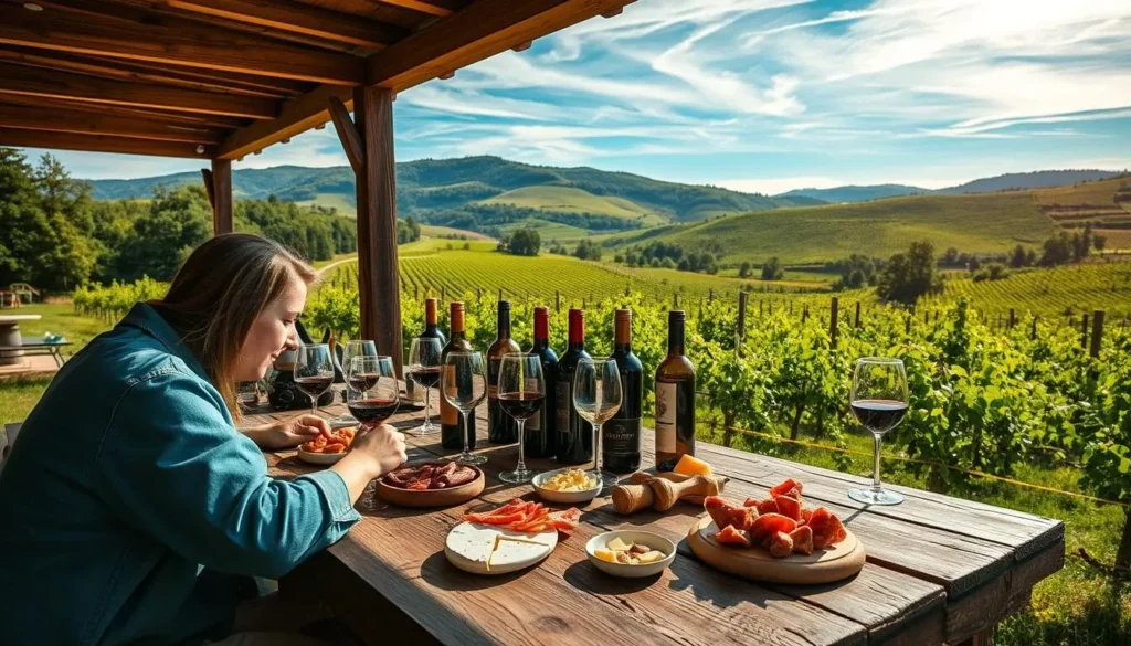 An intimate wine tasting experience in a picturesque Bulgarian countryside setting. A rustic wooden table is adorned with various wine glasses, bottles, and local delicacies like cheeses and cured meats. Surrounding the table are lush green vineyards, rolling hills, and a clear blue sky with wispy clouds. Warm, natural lighting filters through the scene, creating a cozy, inviting atmosphere. The focus is on the sensory experience of savoring the region's renowned wines and flavors, with the beautiful natural landscape serving as the perfect backdrop.